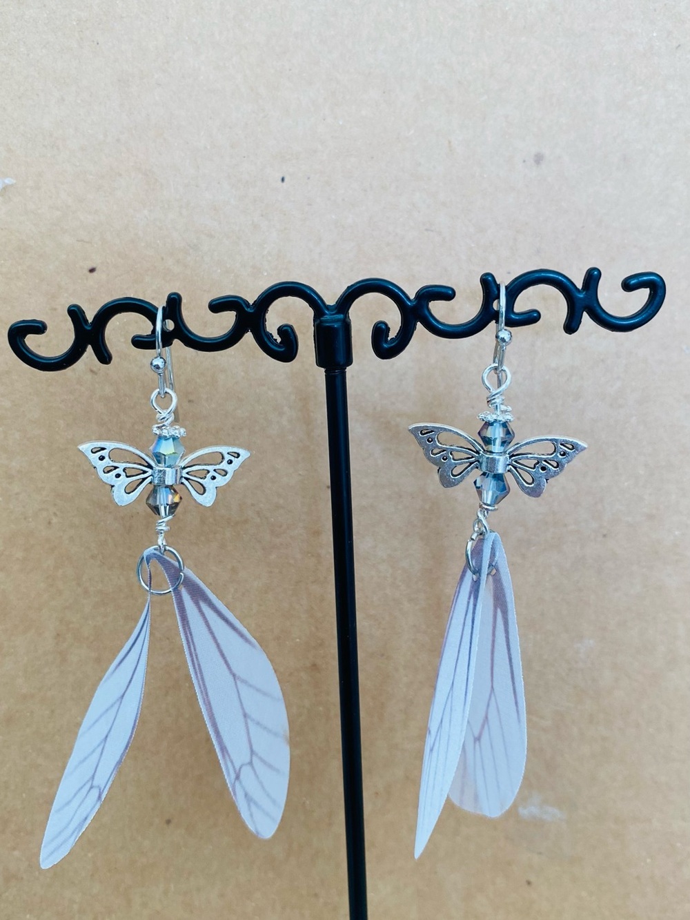 Silver Butterfly Earrings with Pale Pink Wing Dangles